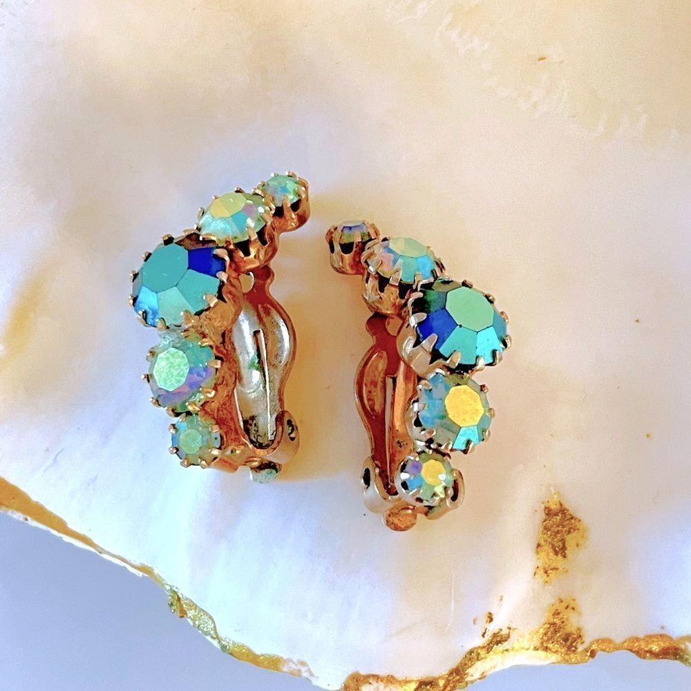 Vintage 1950’s Aurora Borealis Crescent Clip Earrings
